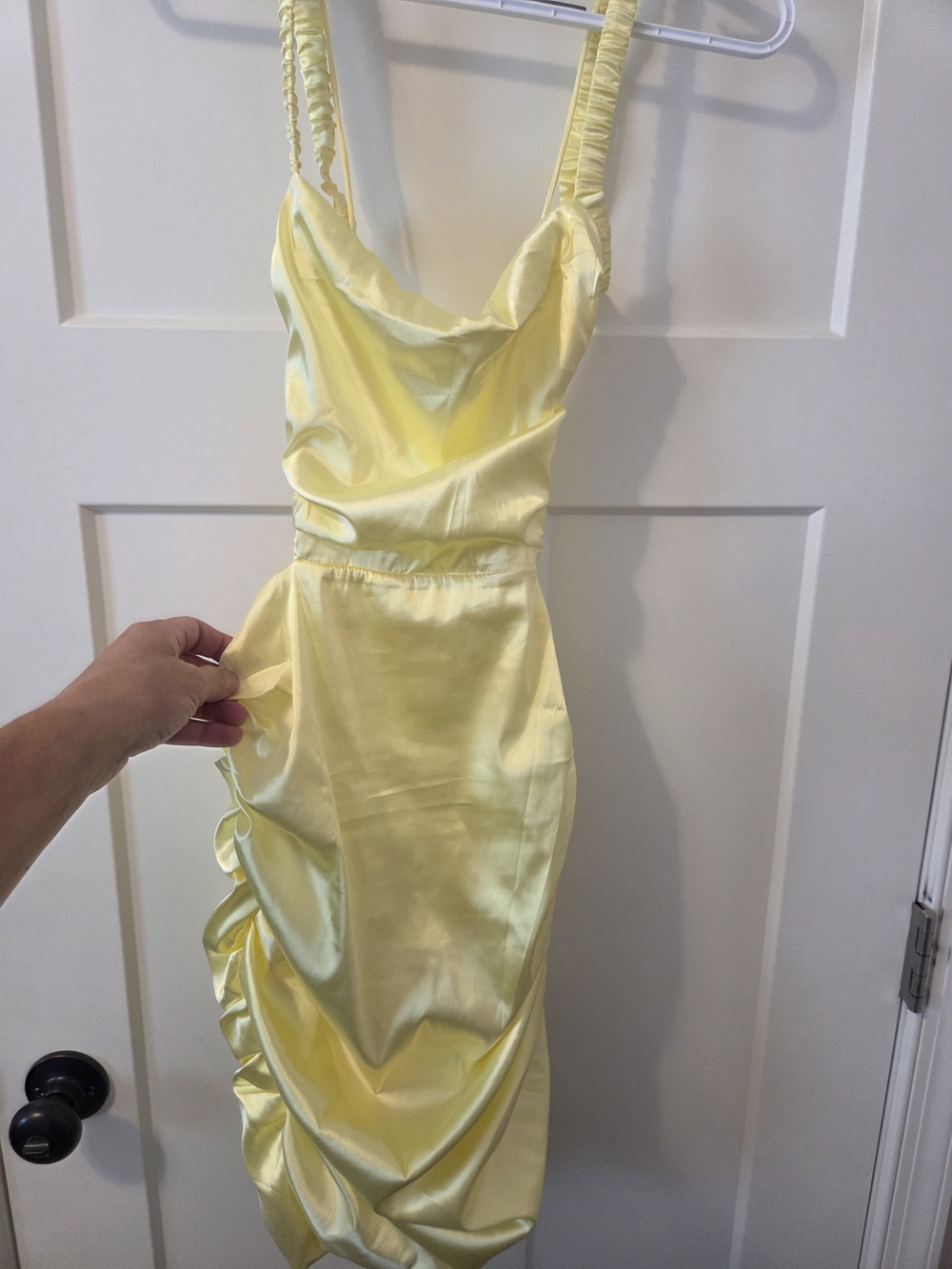 Lucy in the Sky Pale Yellow Satin Cowl Midi Dress